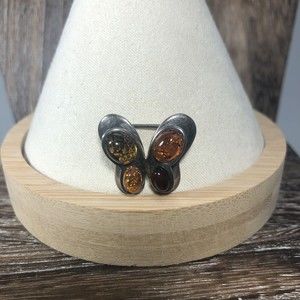 Vintage Sterling Silver Baltic Amber Resin Butterfly Brooch Pin Signed Poland VB
